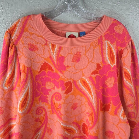 Farm Rio X Anthropologie Sweater Large Coral Paisley Floral Pullover Artsy Top - Picture 5 of 12